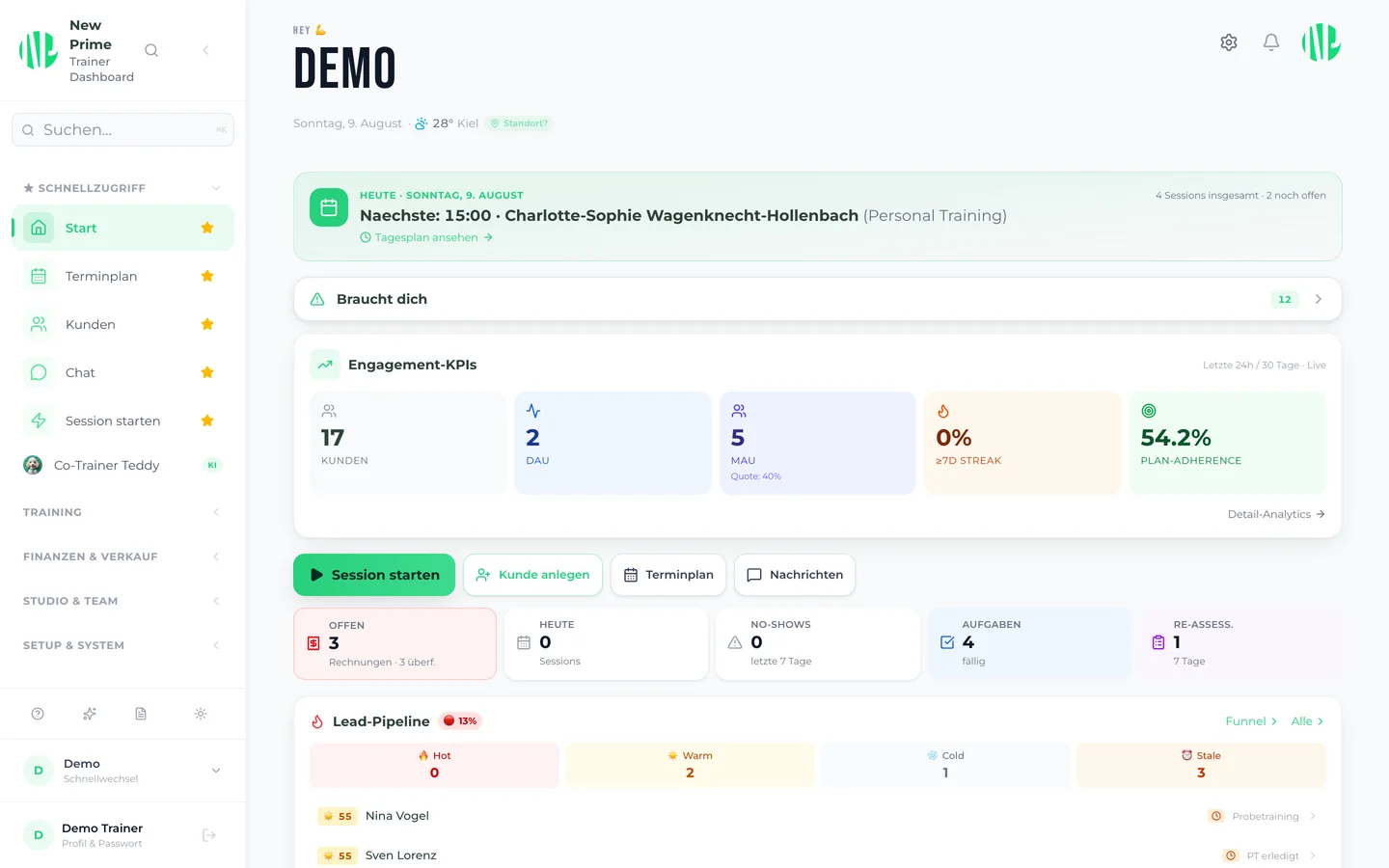 New Prime Trainer-Dashboard mit Quick-Actions, Kunden-Status und Session-Cockpit