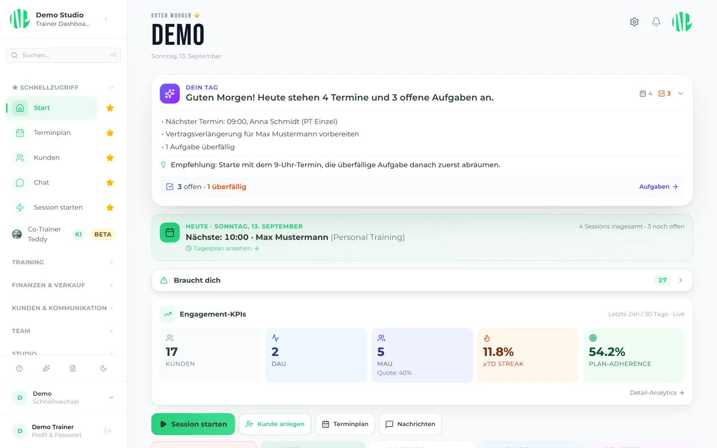 New Prime Trainer-Dashboard, echte App-Ansicht