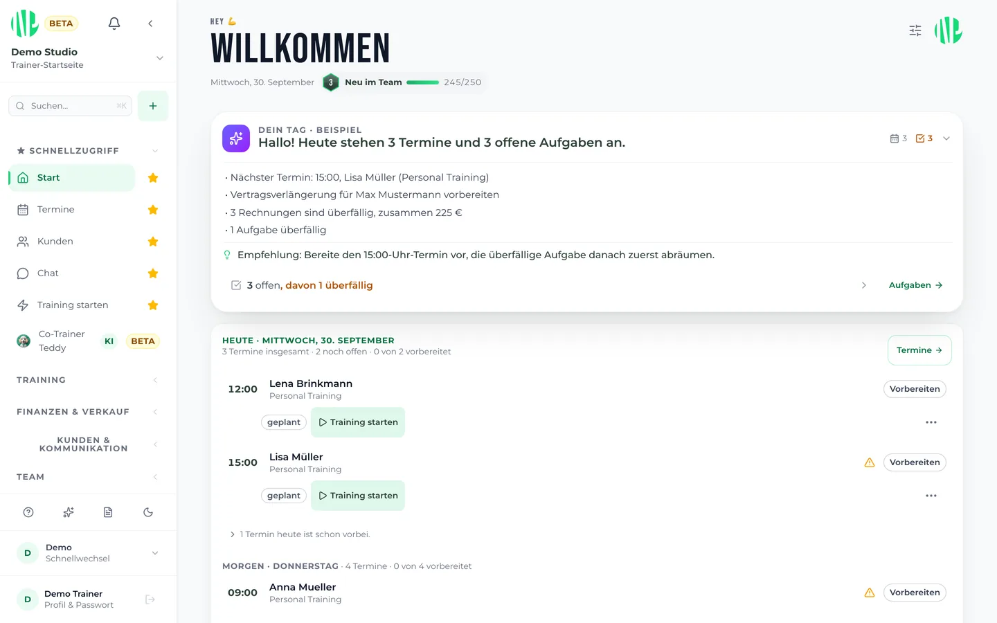 New Prime Trainer-Dashboard mit Tagesübersicht, Terminen und Aufgaben