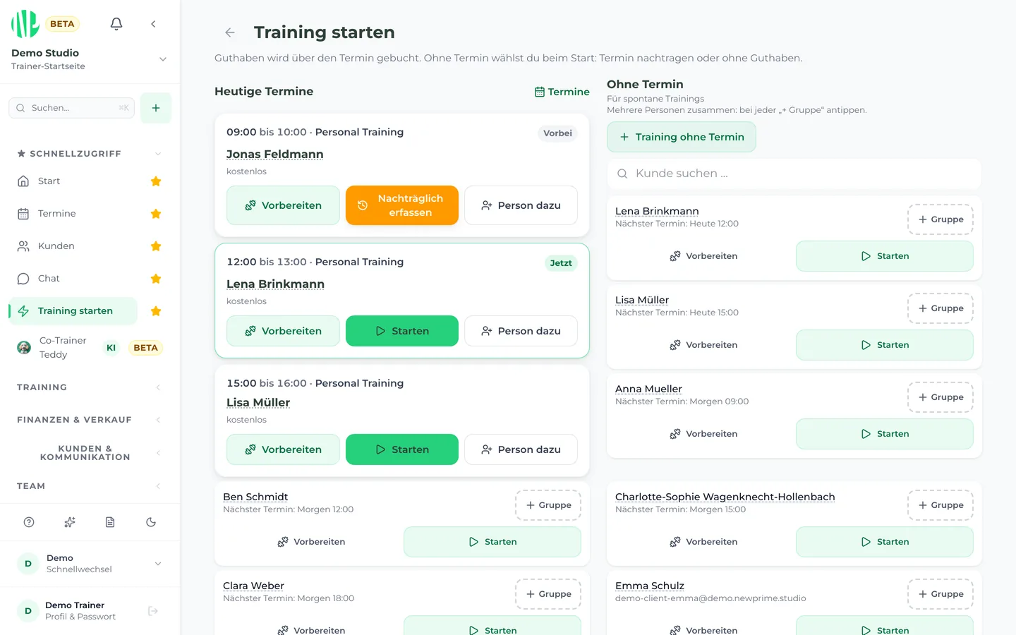 Training starten mit den heutigen Terminen, Vorbereiten und Einzel- oder Gruppentraining