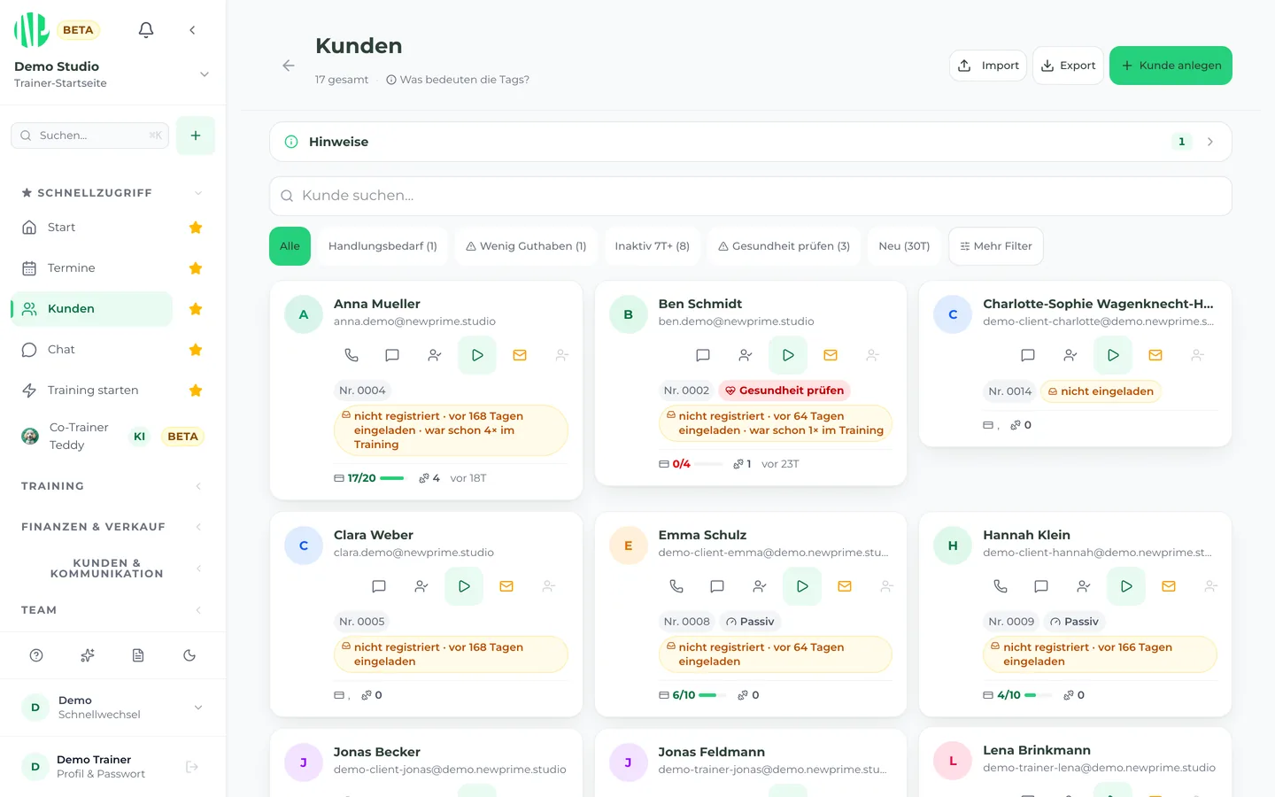 Kundenliste mit Status, Guthaben, letztem Besuch und Hinweisen